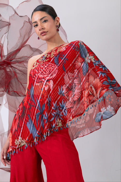 Red One-Shoulder Top with Wide-Legged Palazzo Pants - Dhadak