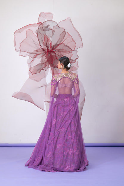 Purple Blouse with Printed Skirt and Embellished Cape - Jalwa