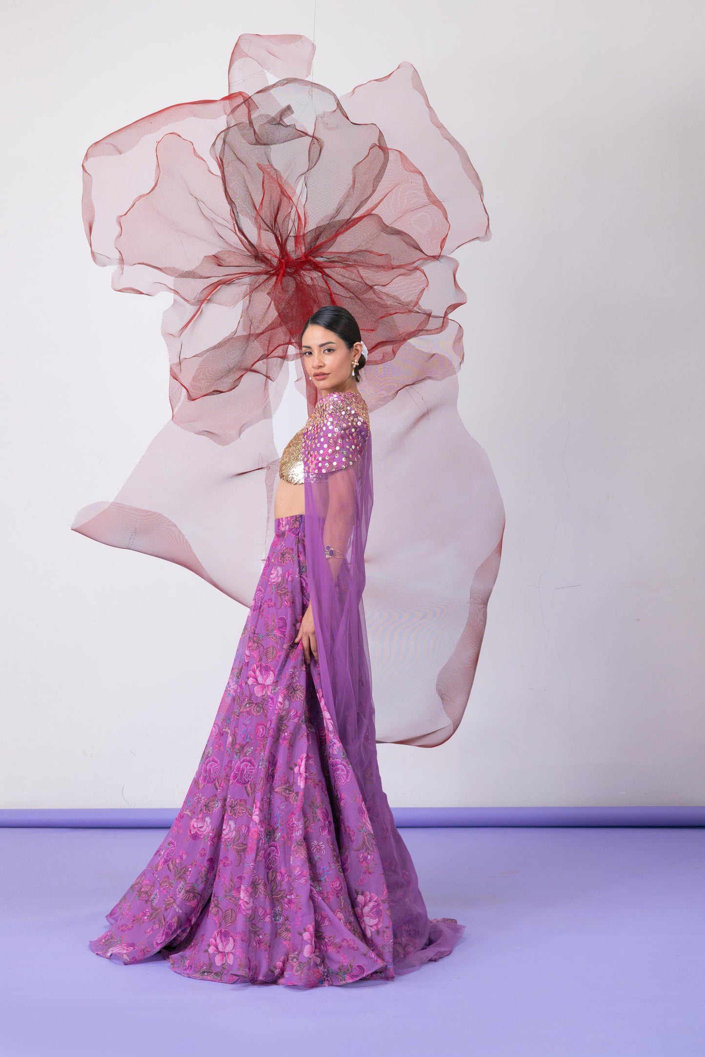 Purple Blouse with Printed Skirt and Embellished Cape - Jalwa