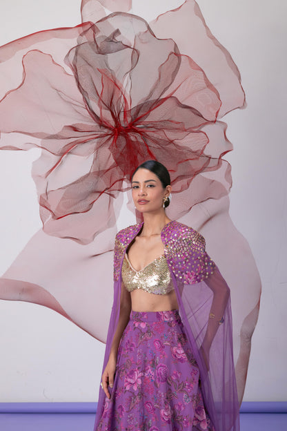 Purple Blouse with Printed Skirt and Embellished Cape - Jalwa