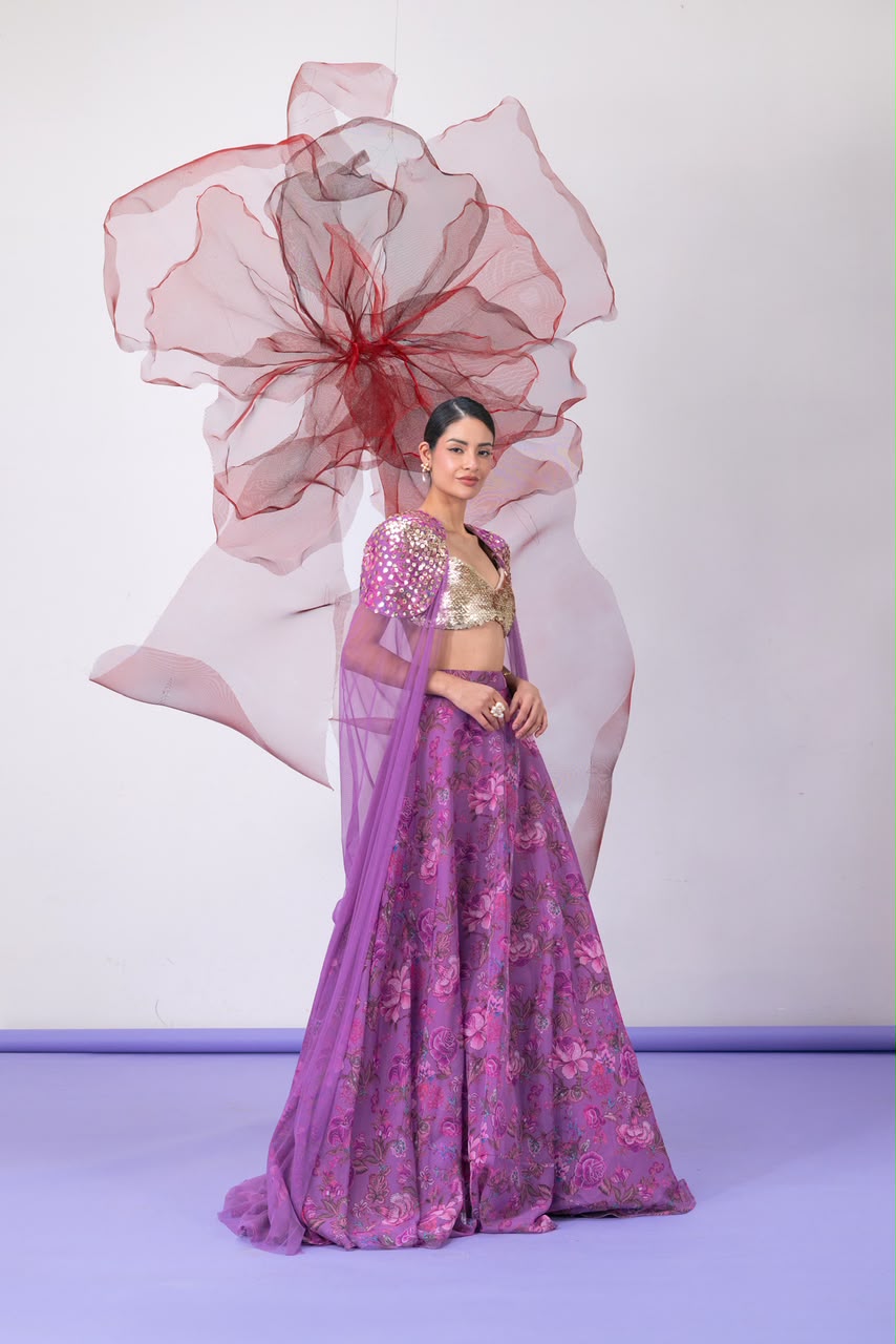 Purple Blouse with Printed Skirt and Embellished Cape - Jalwa