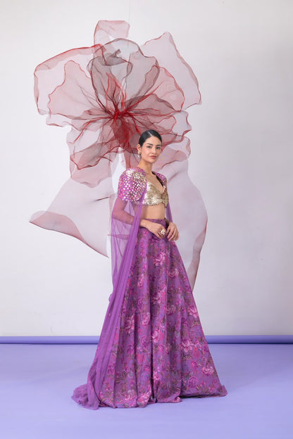 Purple Blouse with Printed Skirt and Embellished Cape - Jalwa