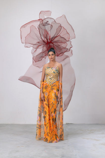 Yellow Corset with Printed Skirt and Scarf - Husn