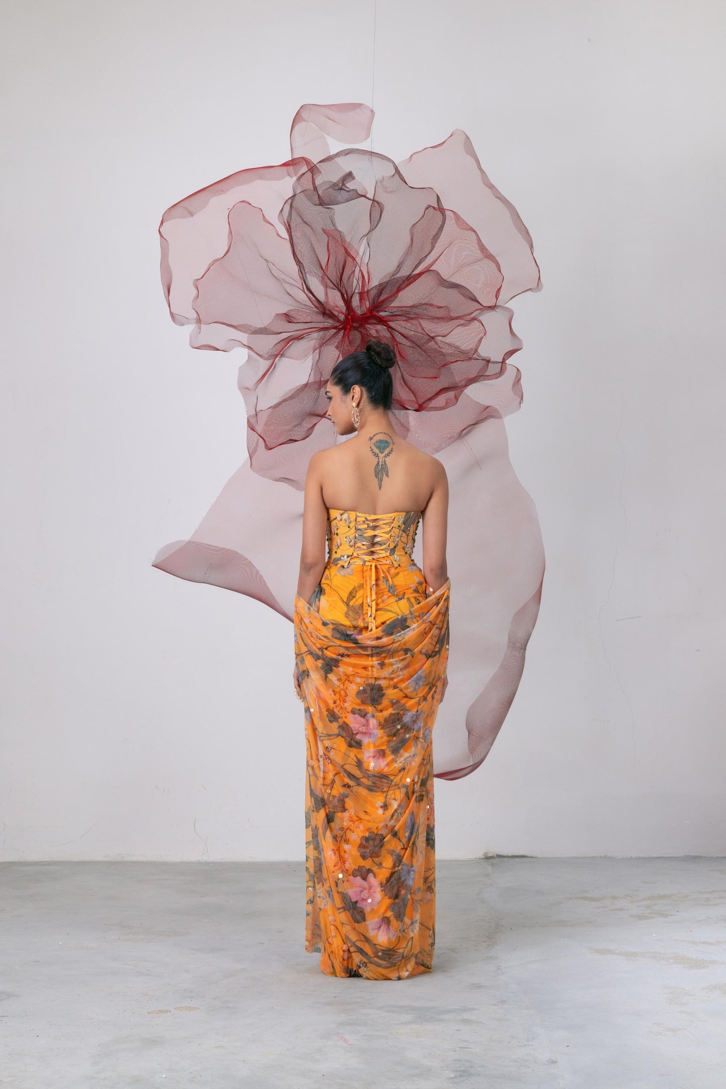 Yellow Corset with Printed Skirt and Scarf - Husn