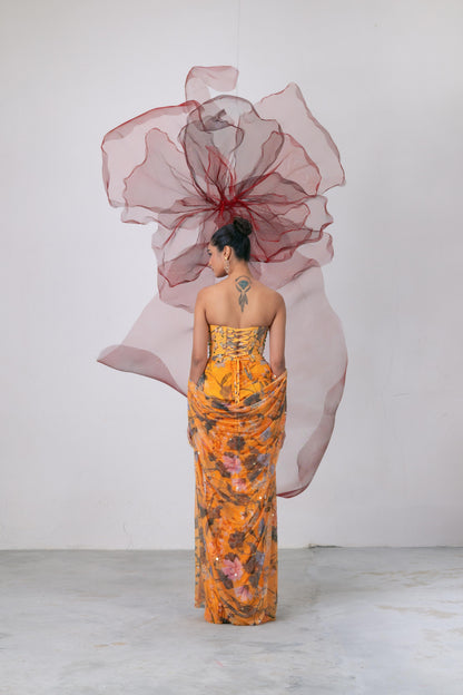 Yellow Corset with Printed Skirt and Scarf - Husn