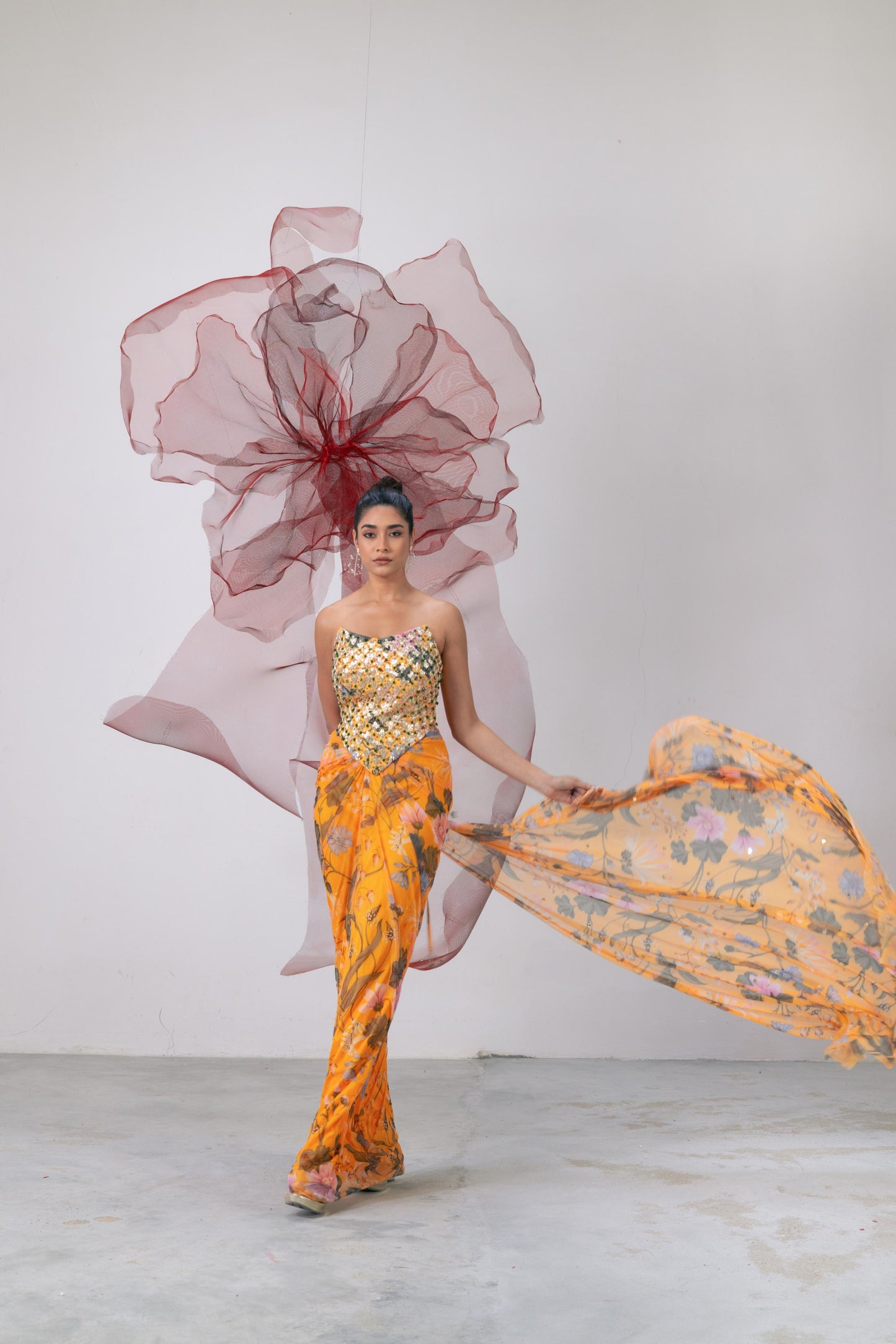 Yellow Corset with Printed Skirt and Scarf - Husn