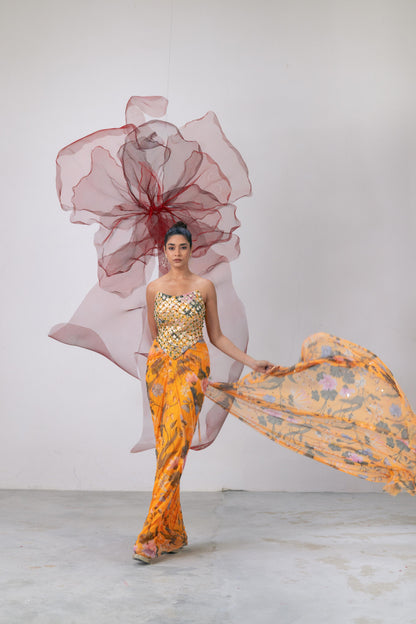 Yellow Corset with Printed Skirt and Scarf - Husn