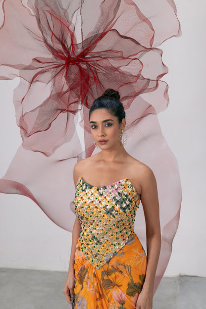 Yellow Corset with Printed Skirt and Scarf - Husn