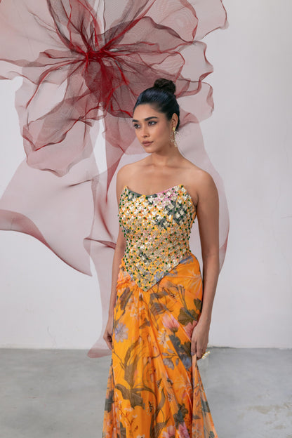 Yellow Corset with Printed Skirt and Scarf - Husn