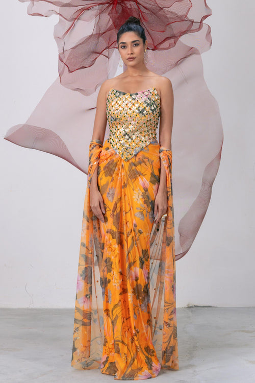Yellow Corset with Printed Skirt and Scarf - Husn
