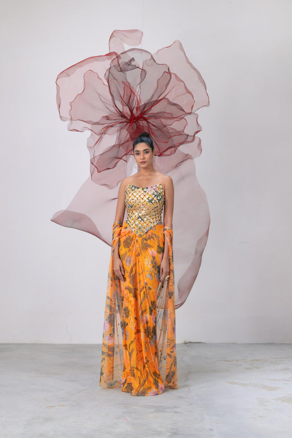 Yellow Corset with Printed Skirt and Scarf - Husn