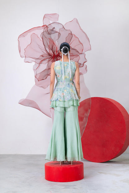 Pastel Green Printed Peplum with Palazzo - Inayat