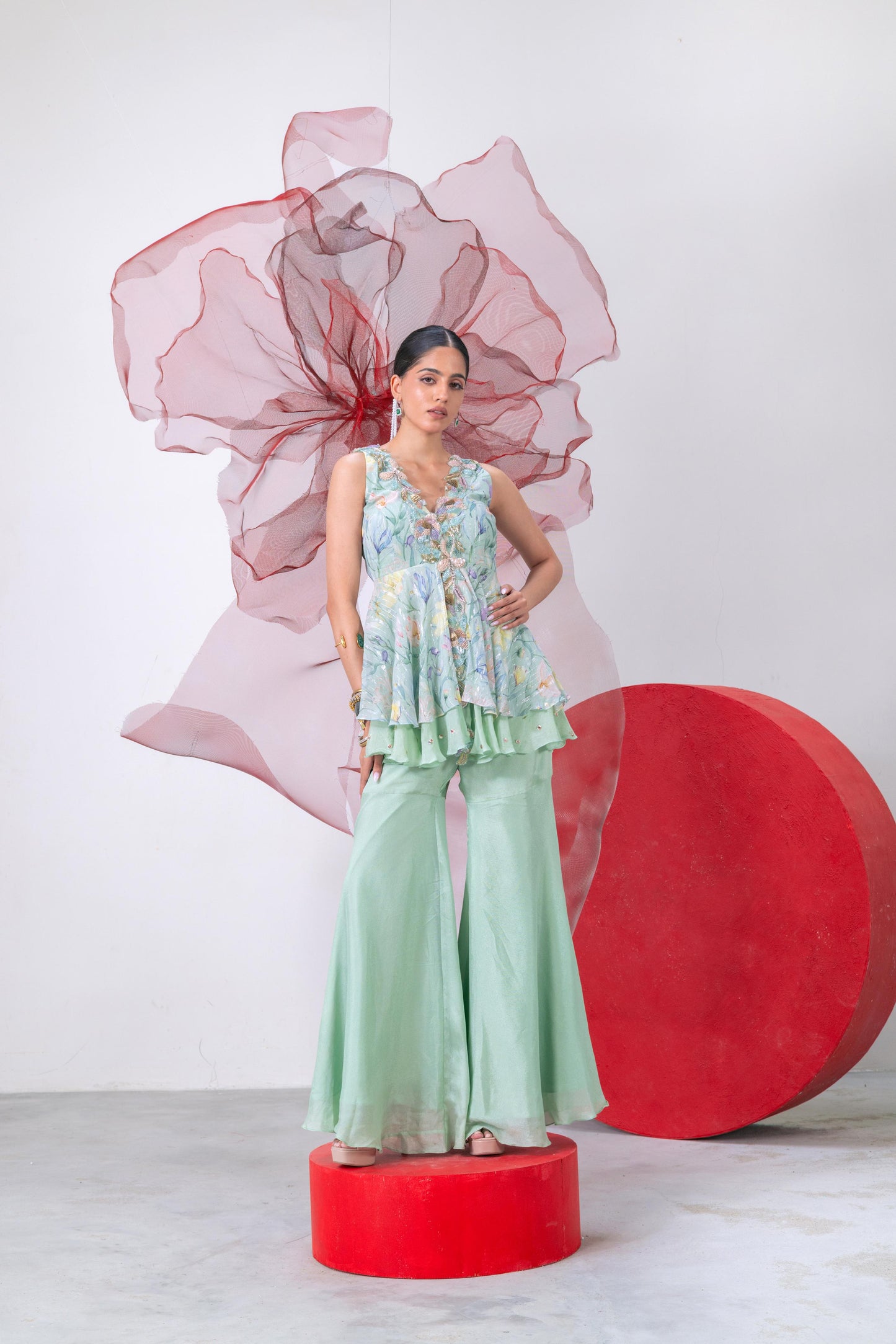 Pastel Green Printed Peplum with Palazzo - Inayat