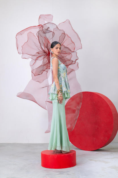 Pastel Green Printed Peplum with Palazzo - Inayat