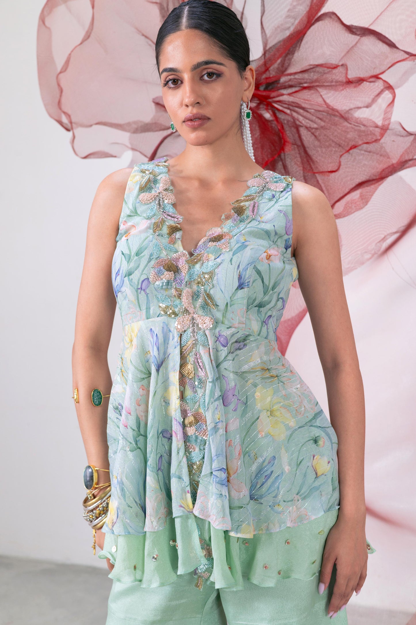 Pastel Green Printed Peplum with Palazzo - Inayat
