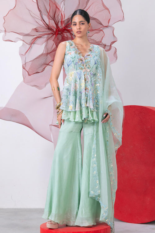 Pastel Green Printed Peplum with Palazzo - Inayat