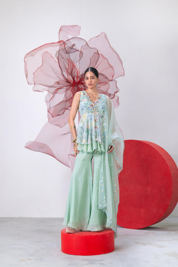 Pastel Green Printed Peplum with Palazzo - Inayat