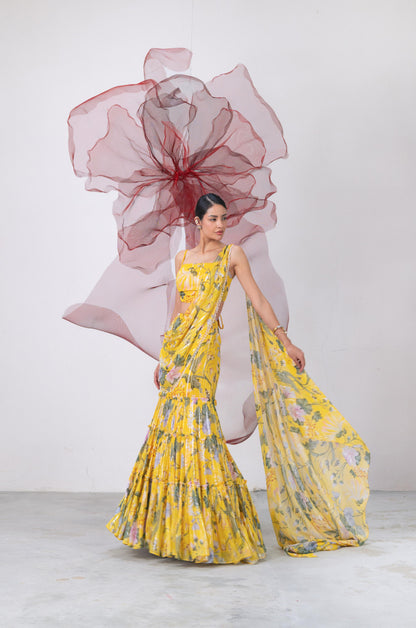 Yellow Crop Top with Printed Drape Skirt - Chameli