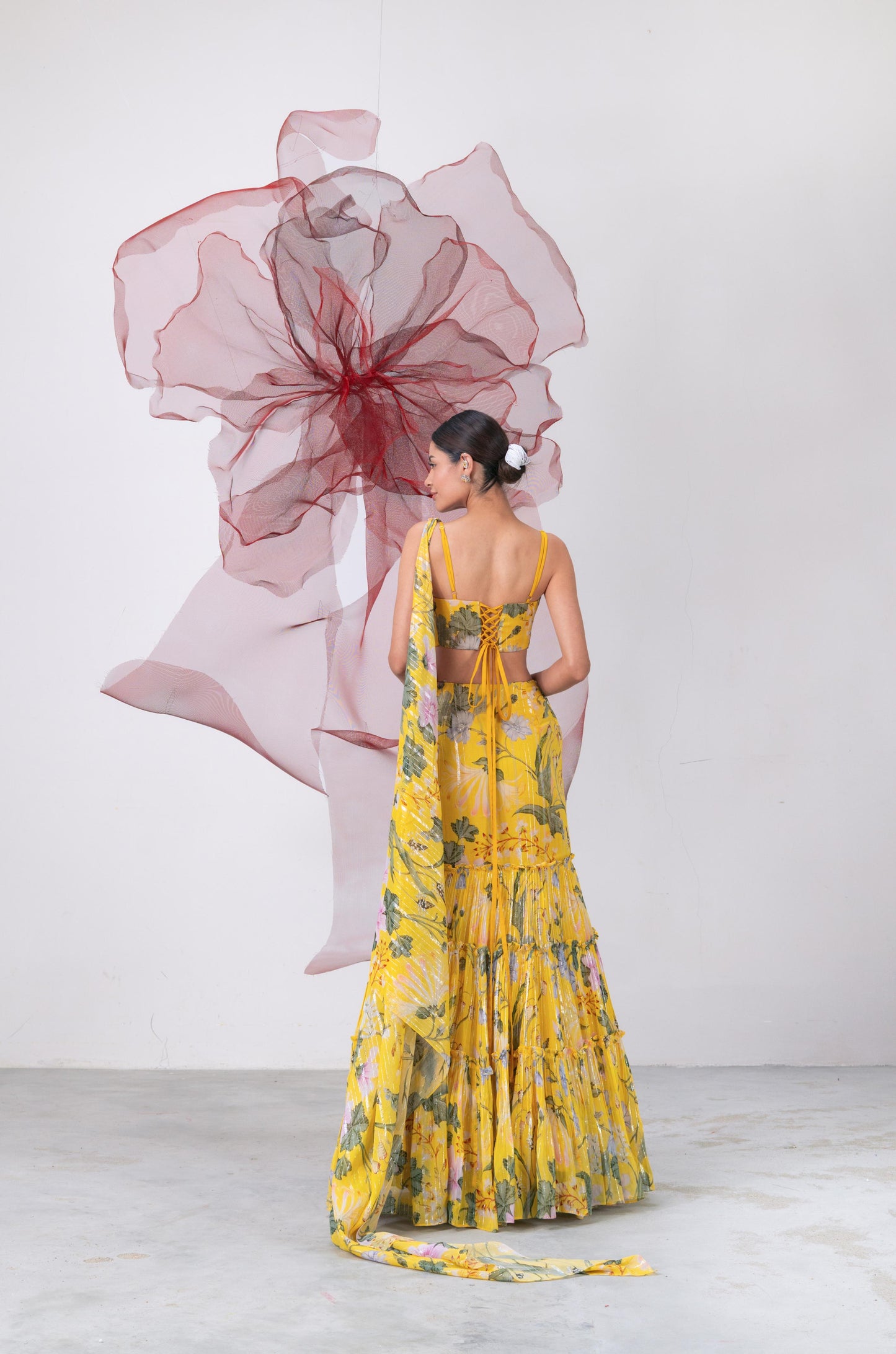 Yellow Crop Top with Printed Drape Skirt - Chameli