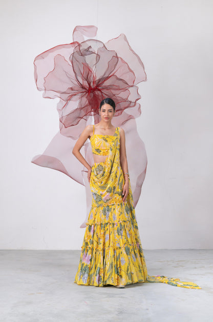 Yellow Crop Top with Printed Drape Skirt - Chameli