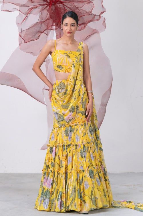 Yellow Crop Top with Printed Drape Skirt - Chameli