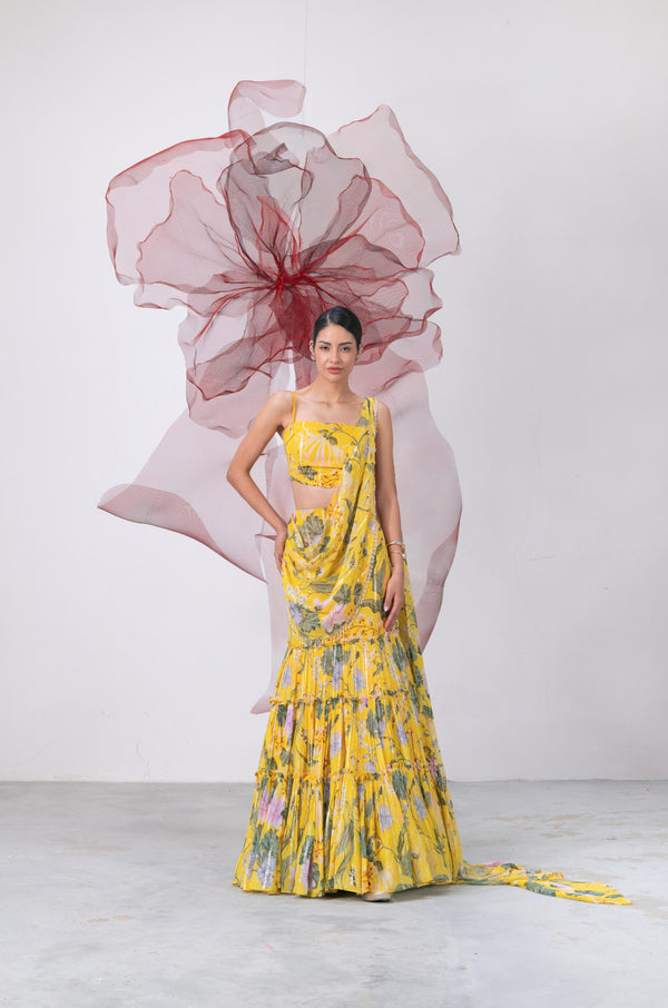 Yellow Crop Top with Printed Drape Skirt - Chameli