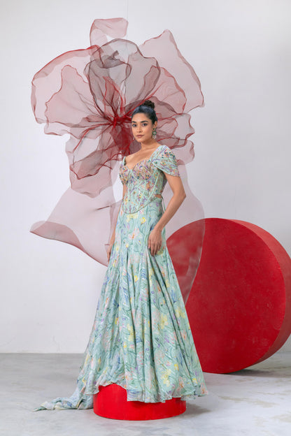 Pastel Green Printed Corset with Flared Skirt - Teekhi Kali