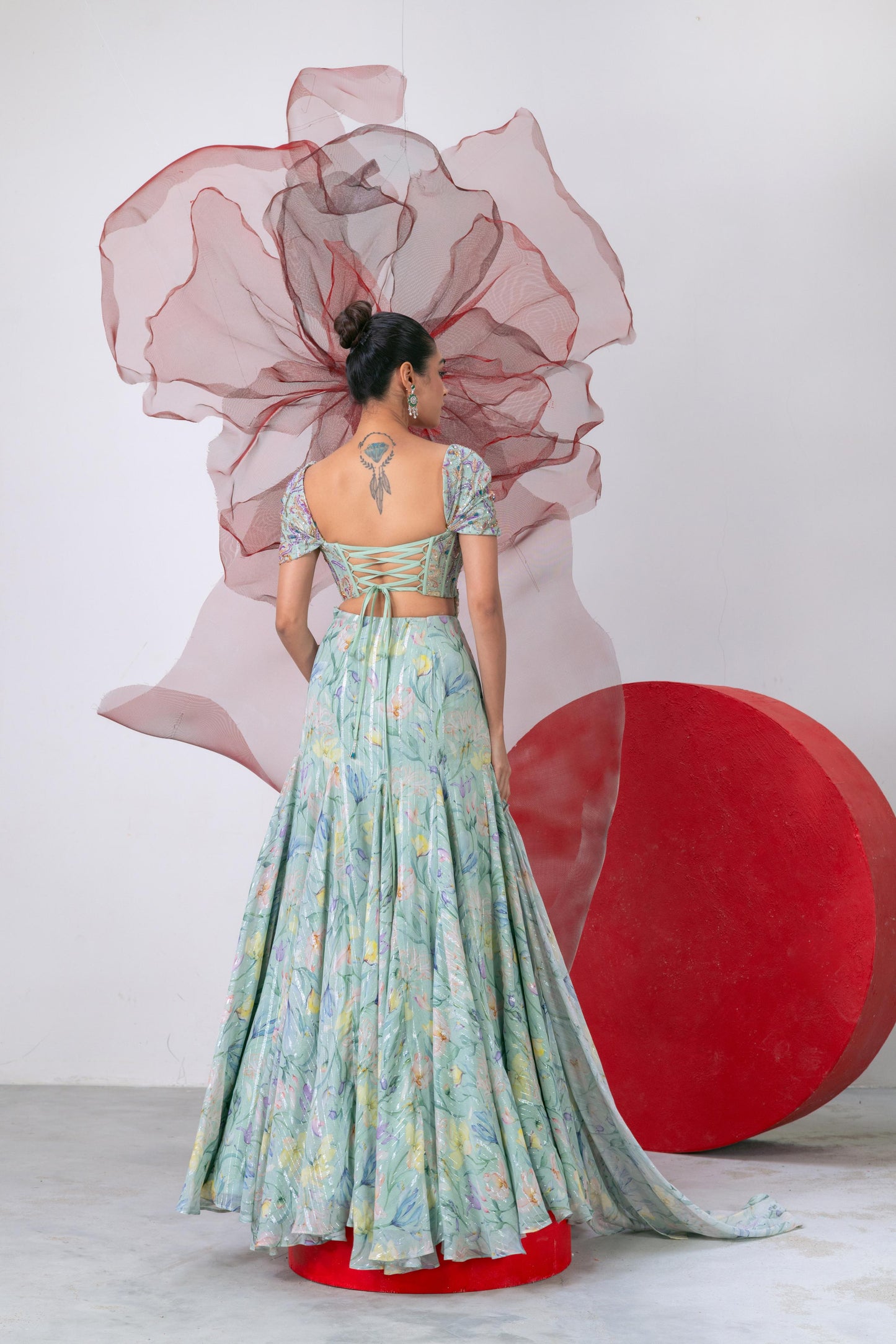 Pastel Green Printed Corset with Flared Skirt - Teekhi Kali