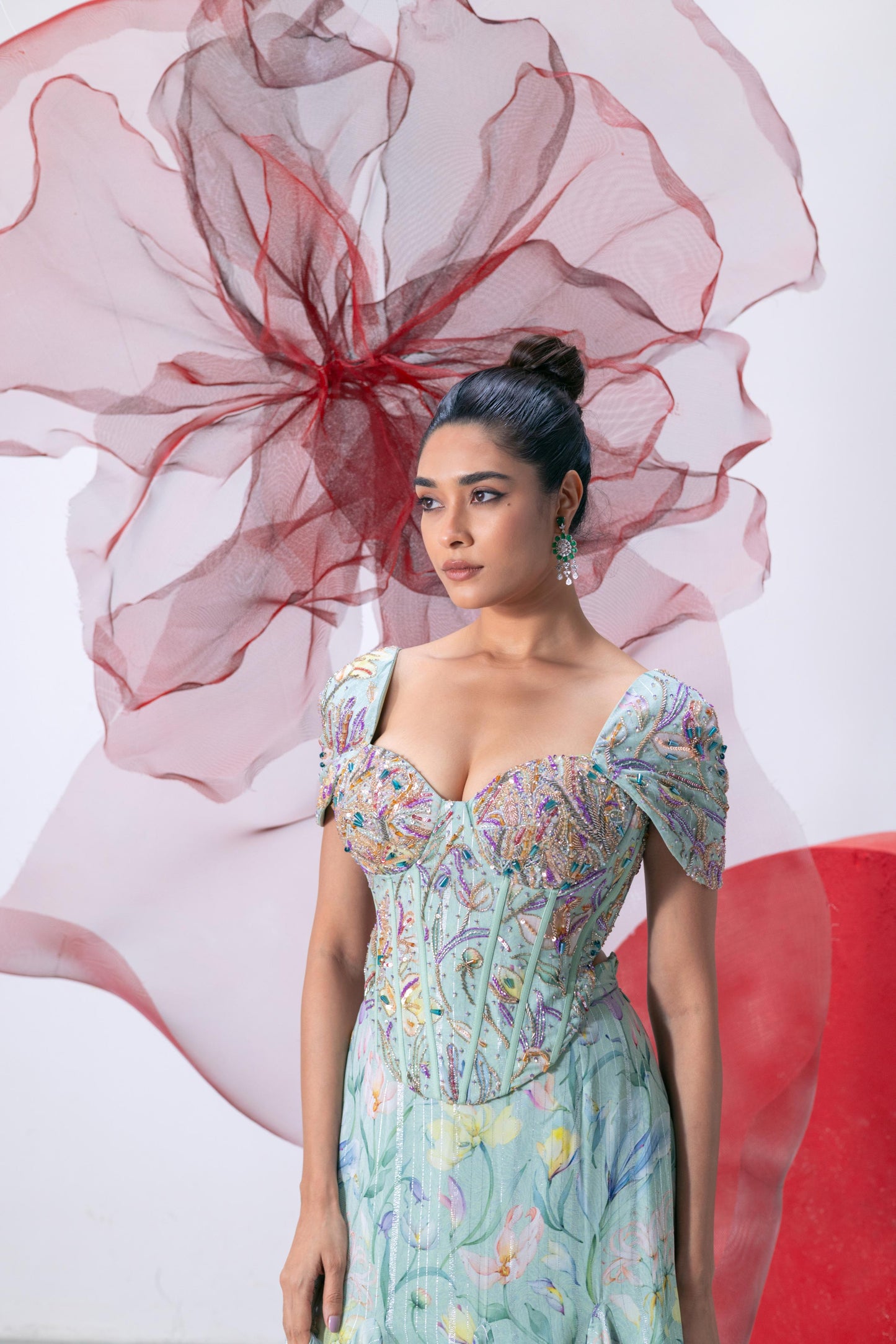Pastel Green Printed Corset with Flared Skirt - Teekhi Kali