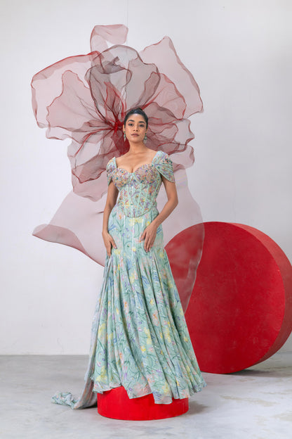 Pastel Green Printed Corset with Flared Skirt - Teekhi Kali