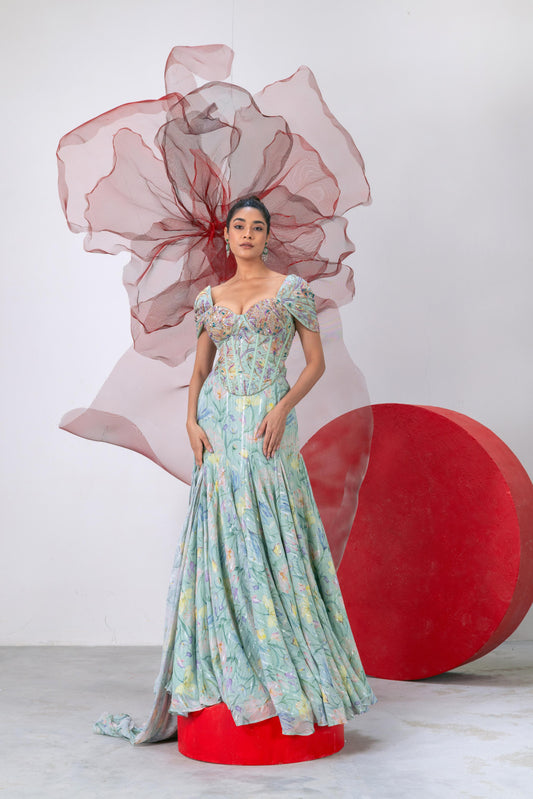Pastel Green Printed Corset with Flared Skirt - Teekhi Kali