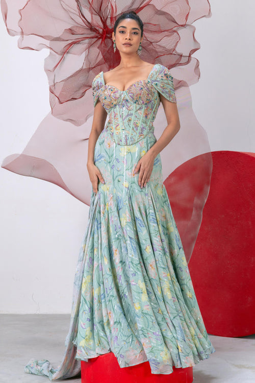 Pastel Green Printed Corset with Flared Skirt - Teekhi Kali