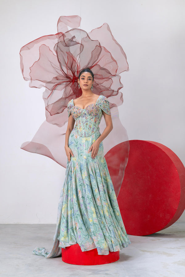 Pastel Green Printed Corset with Flared Skirt - Teekhi Kali