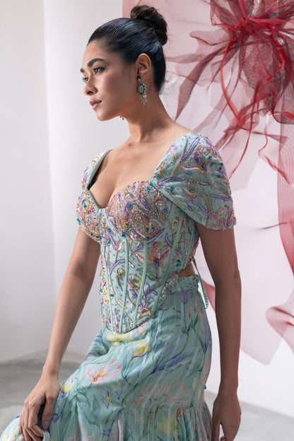 Pastel Green Printed Corset with Flared Skirt - Teekhi Kali
