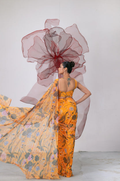 Yellow Printed Saree with Embellished Blouse - Adaa