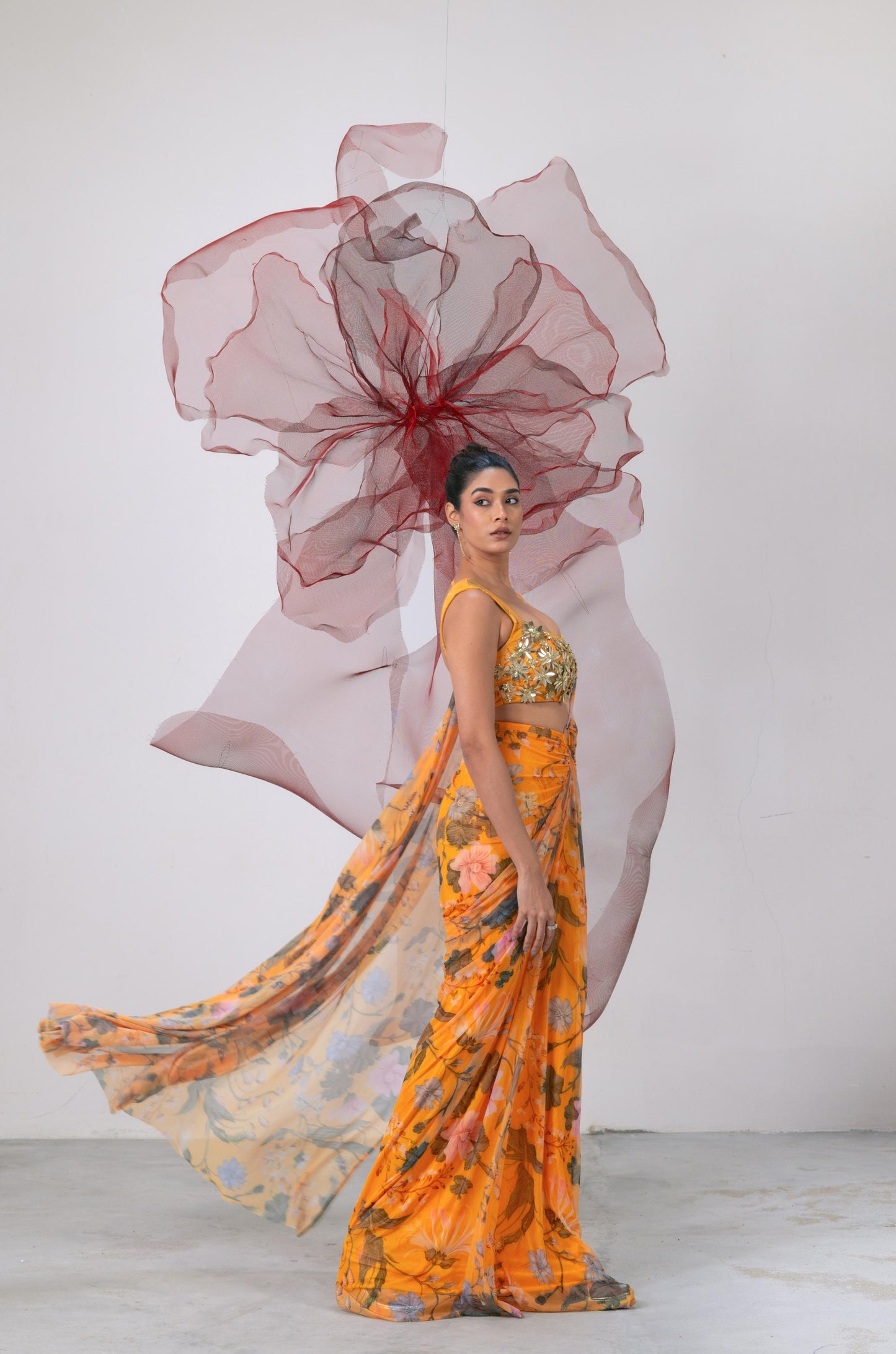 Yellow Printed Saree with Embellished Blouse - Adaa