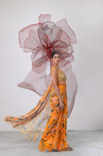 Yellow Printed Saree with Embellished Blouse - Adaa