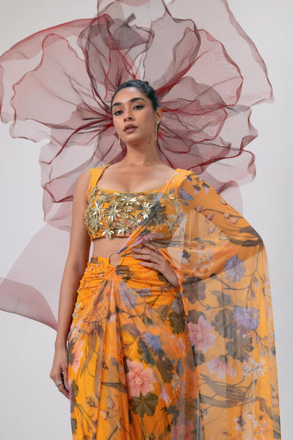 Yellow Printed Saree with Embellished Blouse - Adaa