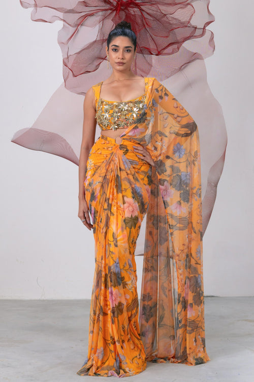 Yellow Printed Saree with Embellished Blouse - Adaa