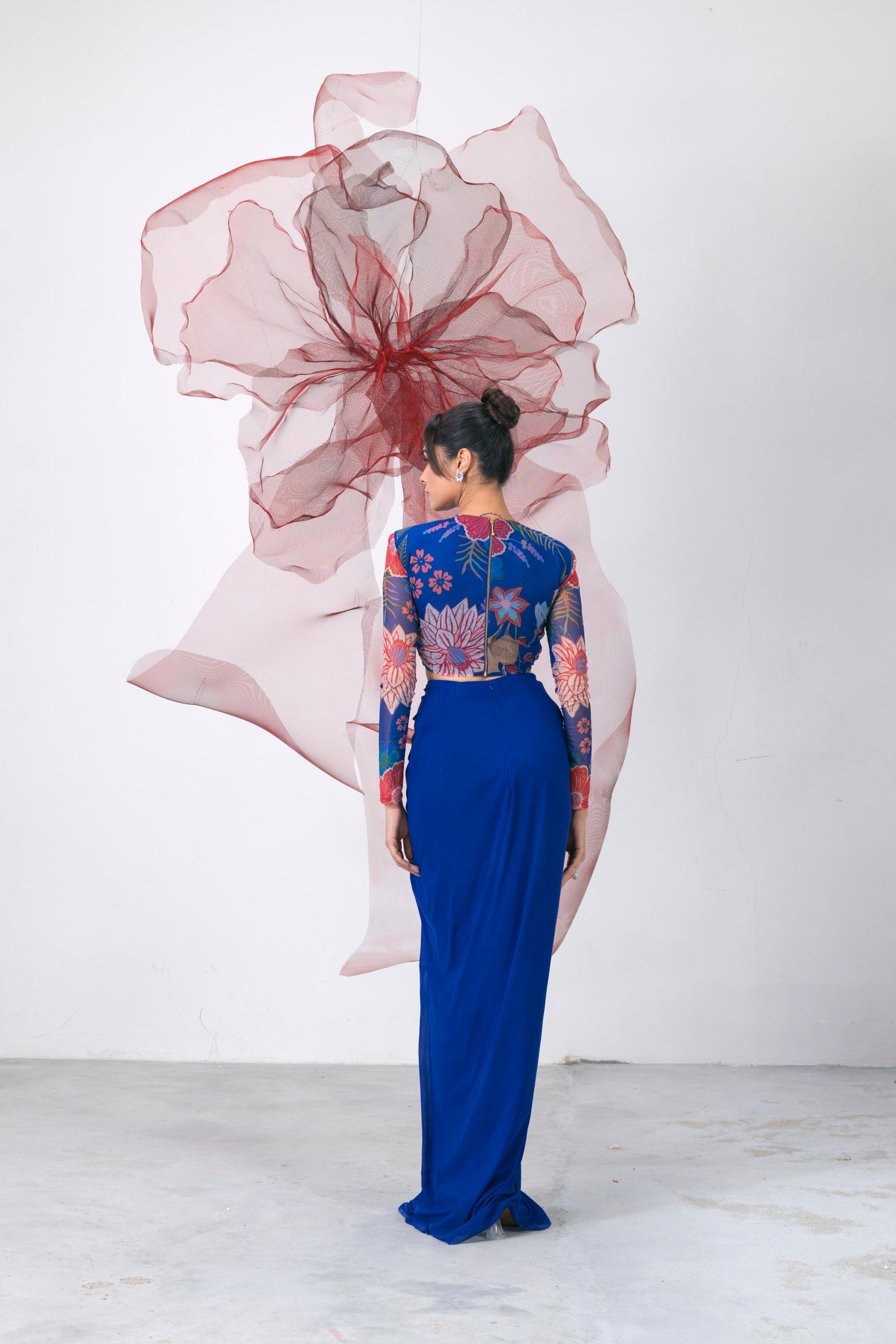 Electric Blue Printed Full Sleeves Top with Drape Skirt - Leher