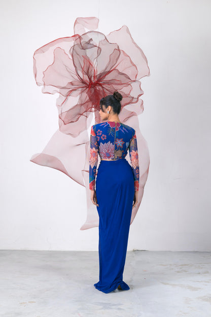 Electric Blue Printed Full Sleeves Top with Drape Skirt - Leher