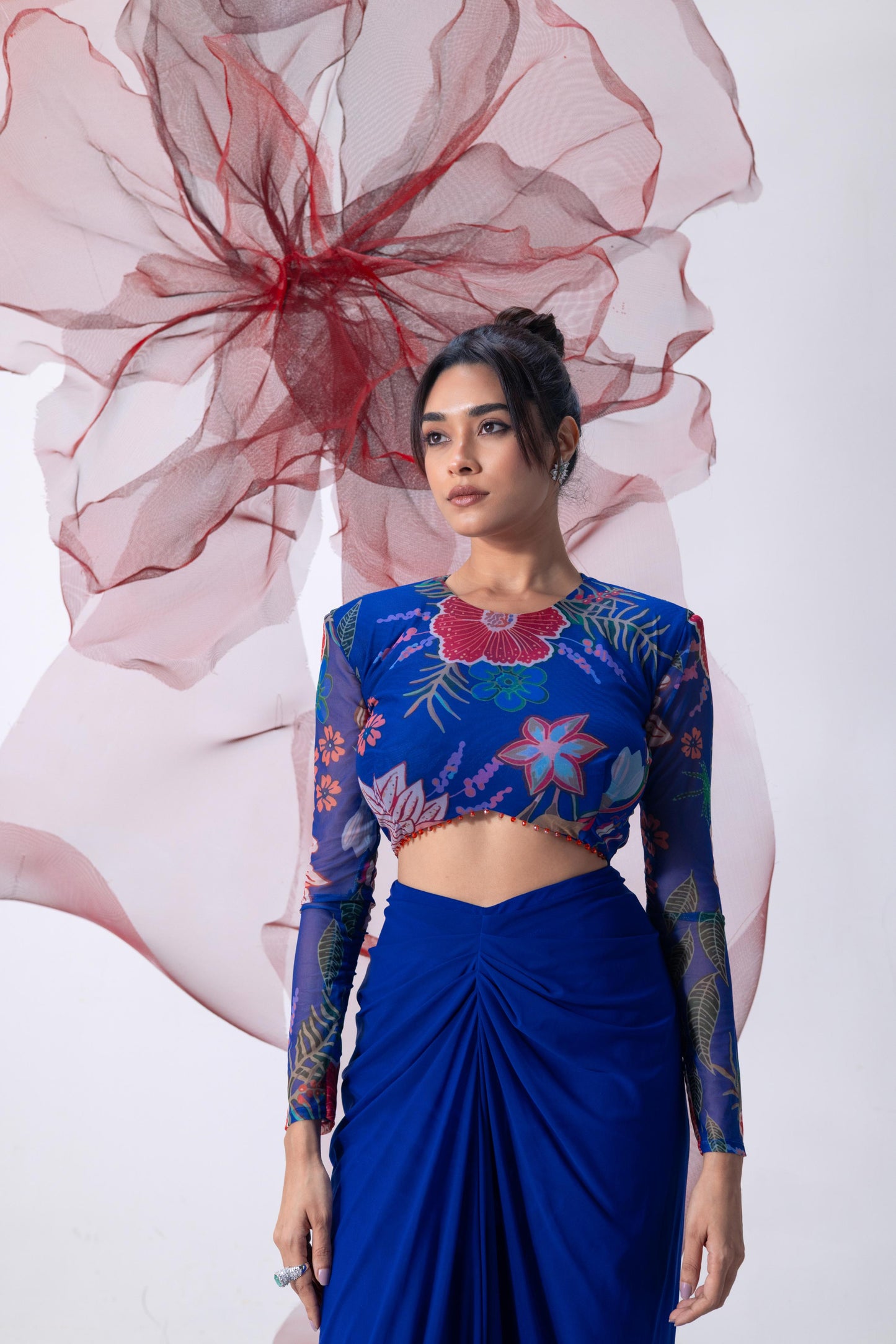 Electric Blue Printed Full Sleeves Top with Drape Skirt - Leher