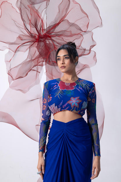 Electric Blue Printed Full Sleeves Top with Drape Skirt - Leher
