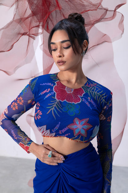 Electric Blue Printed Full Sleeves Top with Drape Skirt - Leher