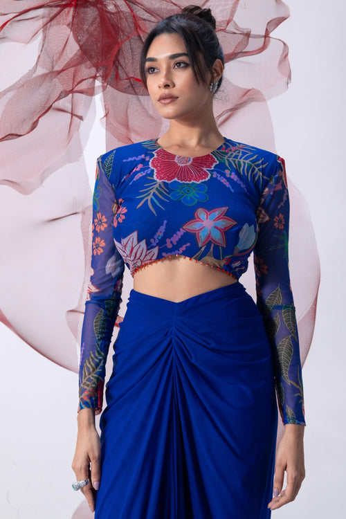 Electric Blue Printed Full Sleeves Top with Drape Skirt - Leher