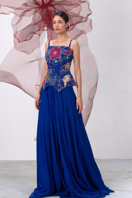 Electric Blue Embellished Corset with Flared Palazo - Saaz