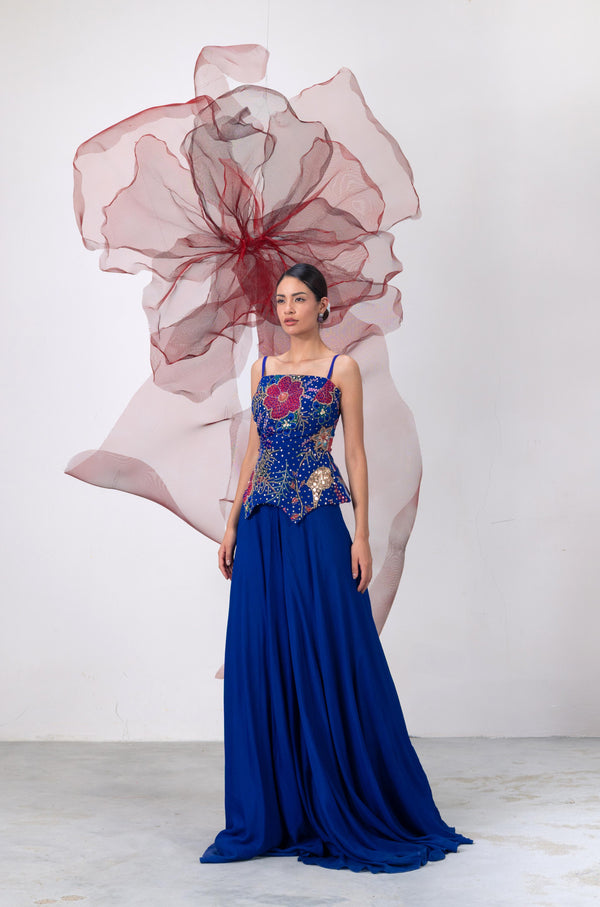 Electric Blue Embellished Corset with Flared Palazo - Saaz