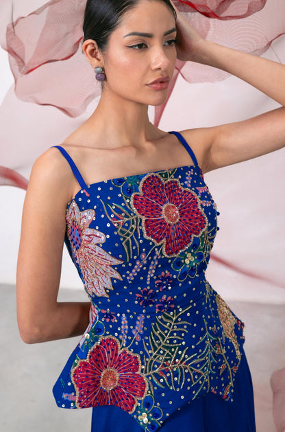 Electric Blue Embellished Corset with Flared Skirt - Saaz