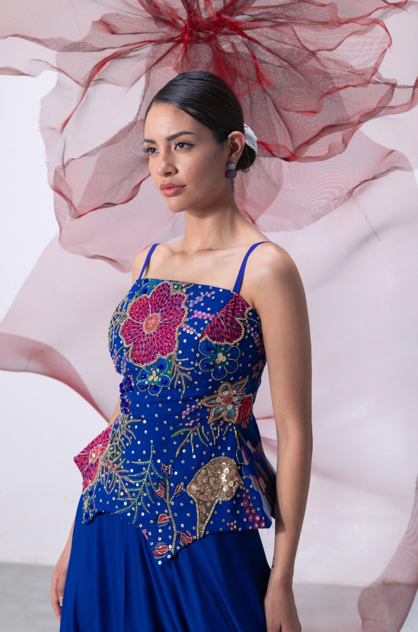 Electric Blue Embellished Corset with Flared Skirt - Saaz