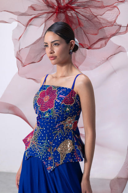 Electric Blue Embellished Corset with Flared Skirt - Saaz